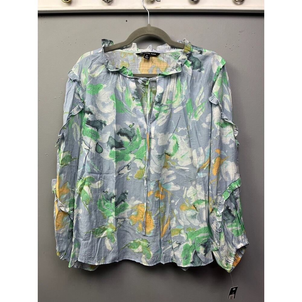 ZAC & RACHEL Woman Peasant Top Plus Size 2X Blue Multi Floral Ruffle Tunic NEW‎